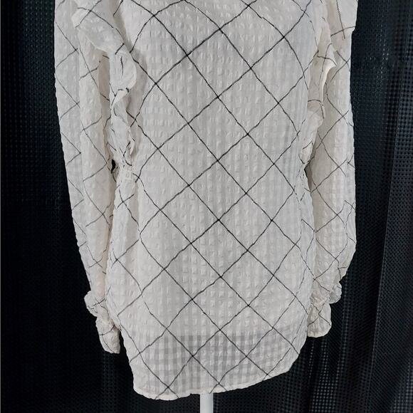 LOFT! CREAM & BLACK PLAID RUFFLE FRONT, ELASTIC WAIST POUF SLEEVE BLOUSE! SZ M - Picture 3 of 8